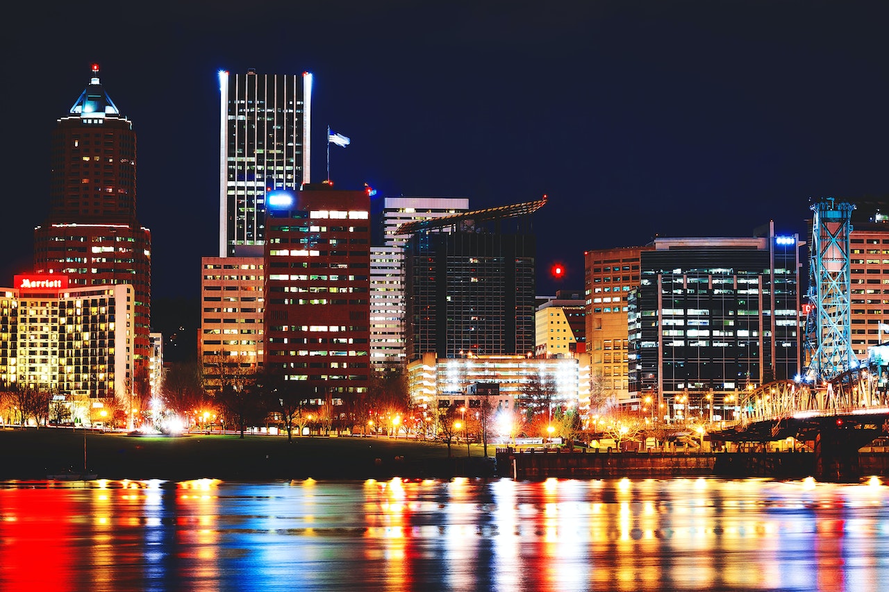 The night skyline of Portland from water