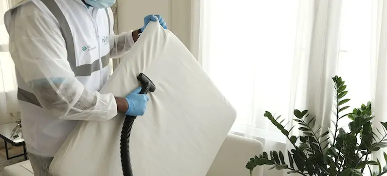 A person vacuuming a pillow wearing blue gloves