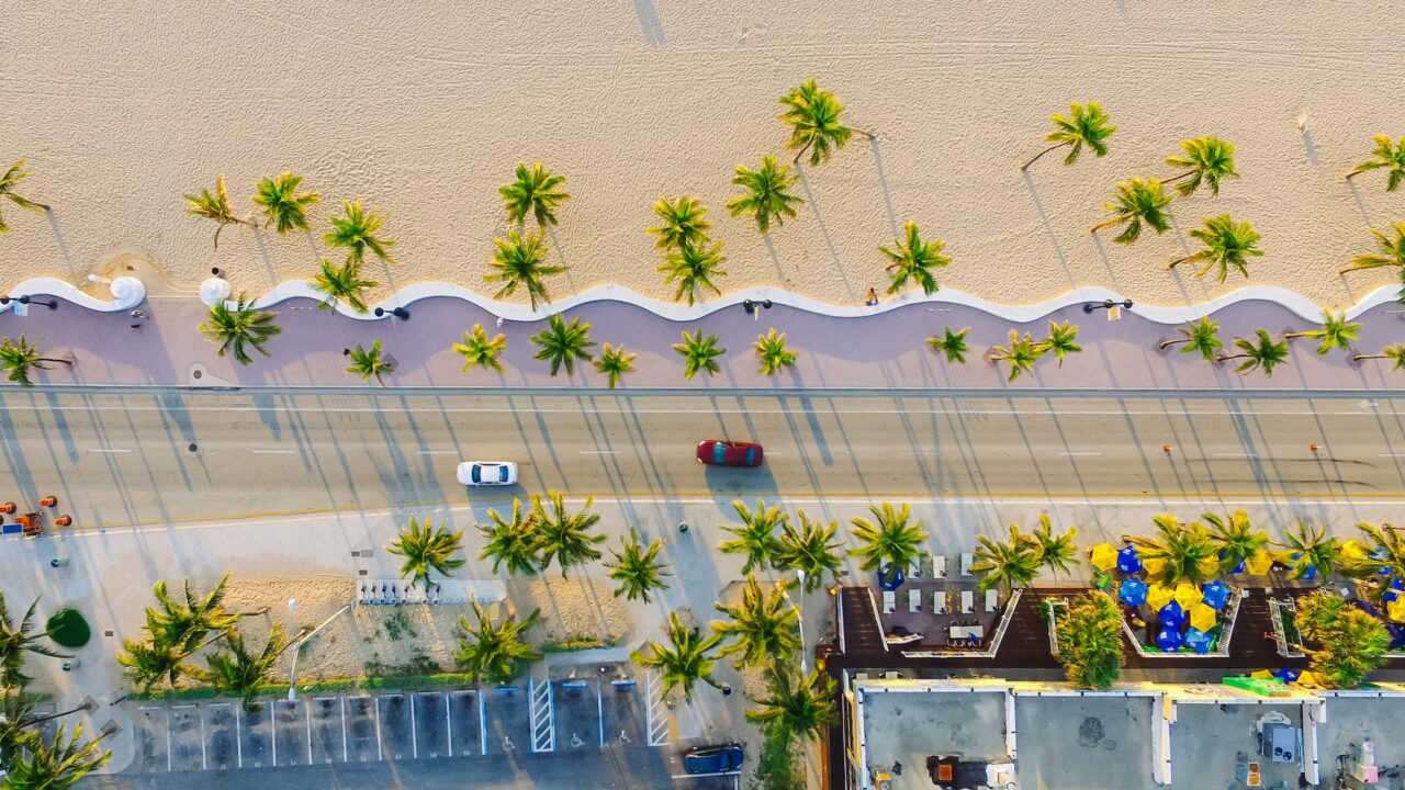 Birds-eye view of a Miami Beach near a busy road with lots of Palm trees and a curvy wall