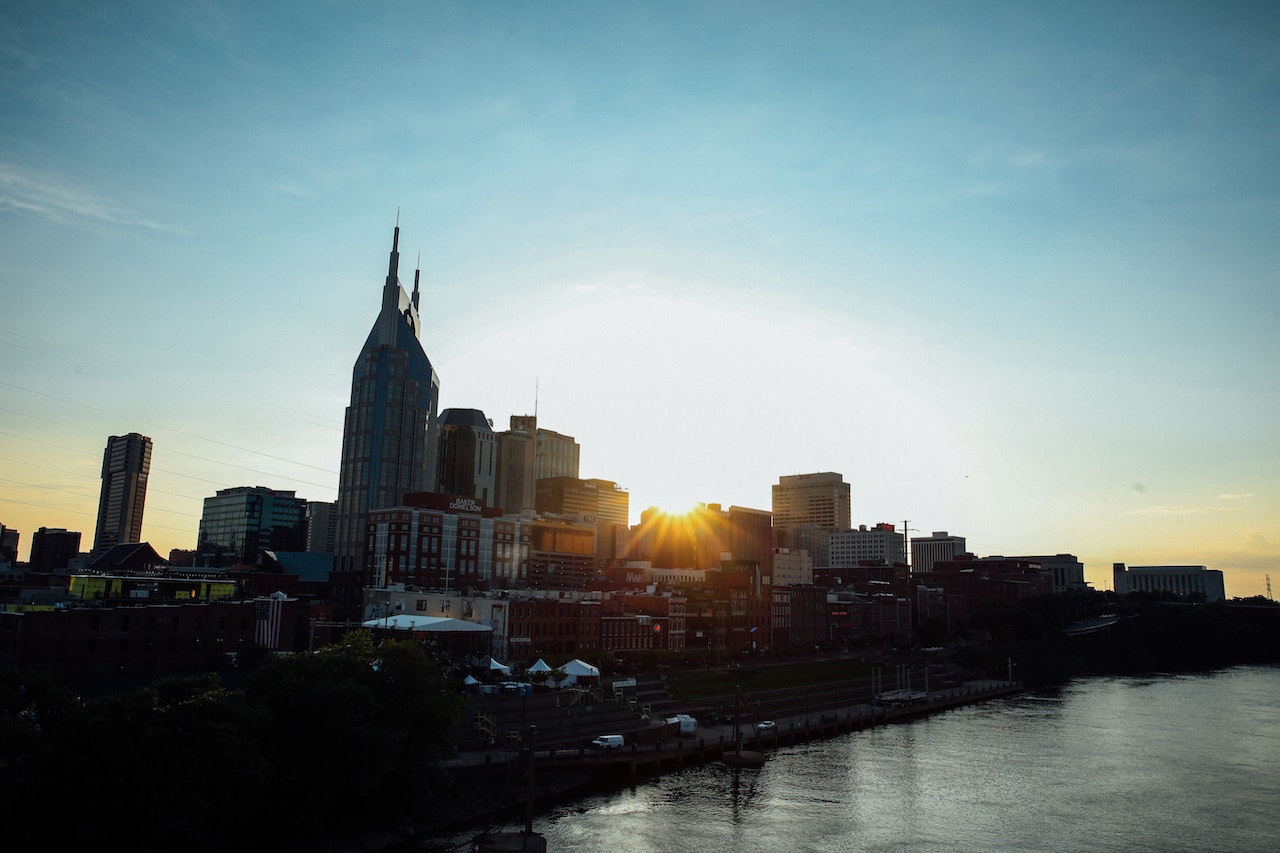 Sun setting over the Nashville city scape