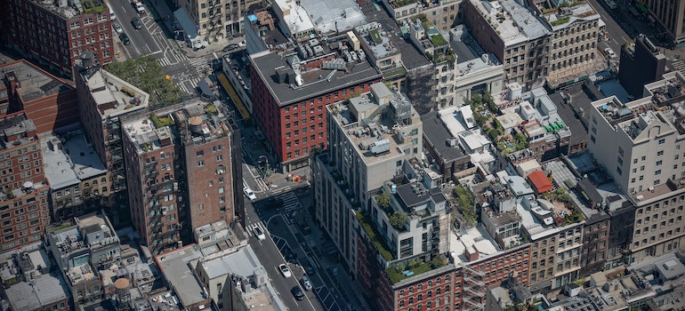 Rooftops of short concrete buildings in one of the top neighborhoods for families in  NYC