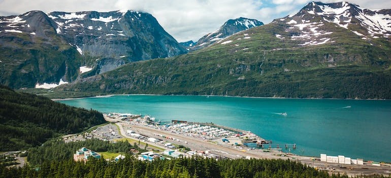 A small city in Alaska surrounded by mountains