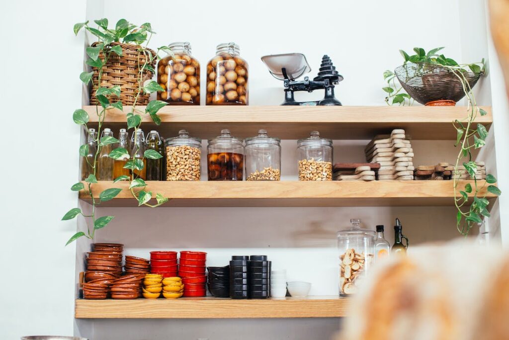 Wooden shelves with glass jars