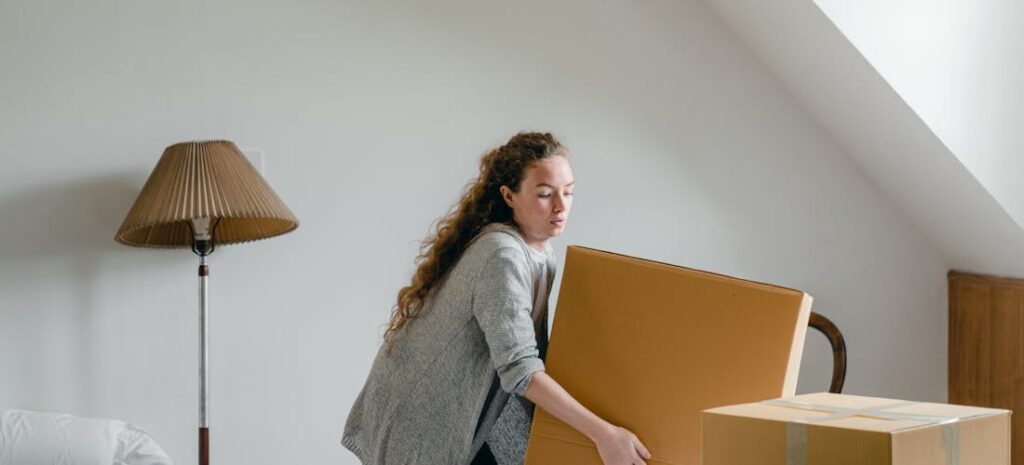 A woman lifting a heavy box instead of contacting long distance moving companies Arizona
