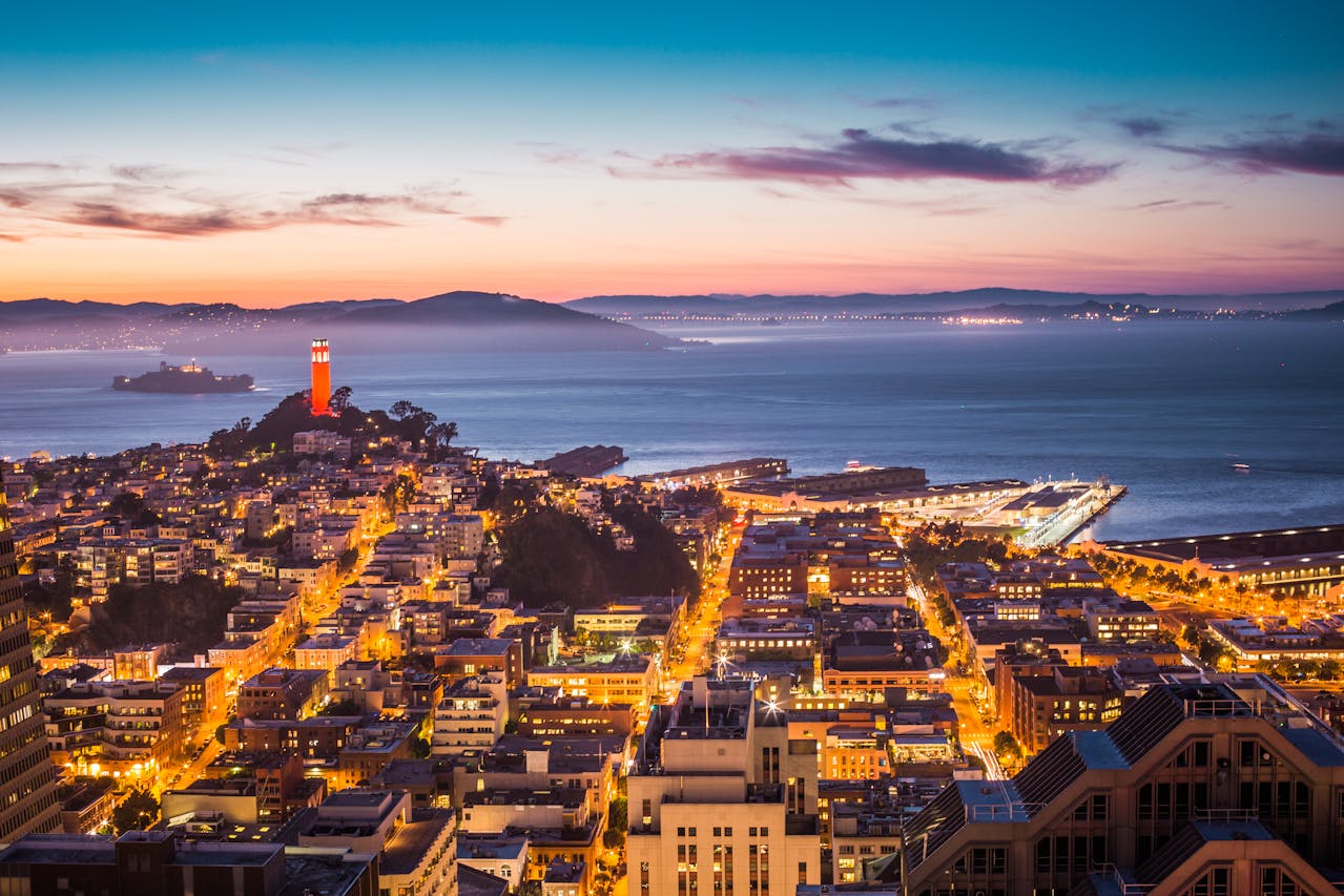 The city of San Francisco, California, during sunset