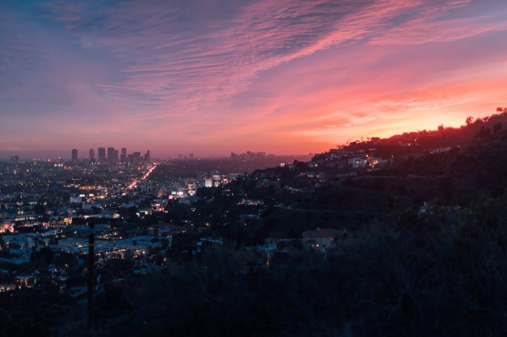 a city in California during sunset