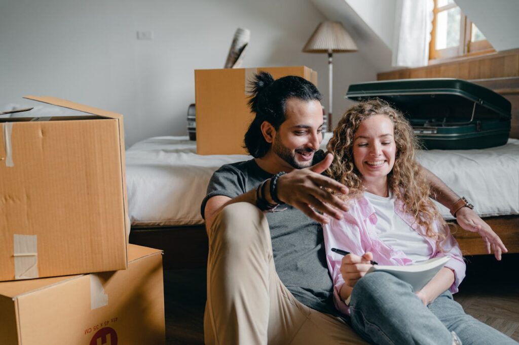 a couple reading something and smiling