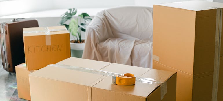 boxes and covered sofa