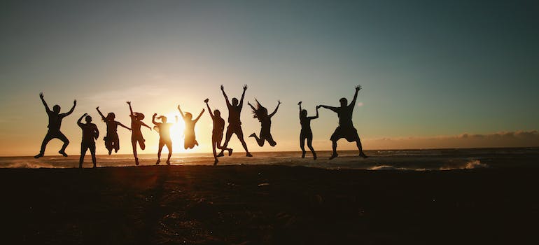 a group of people jumping