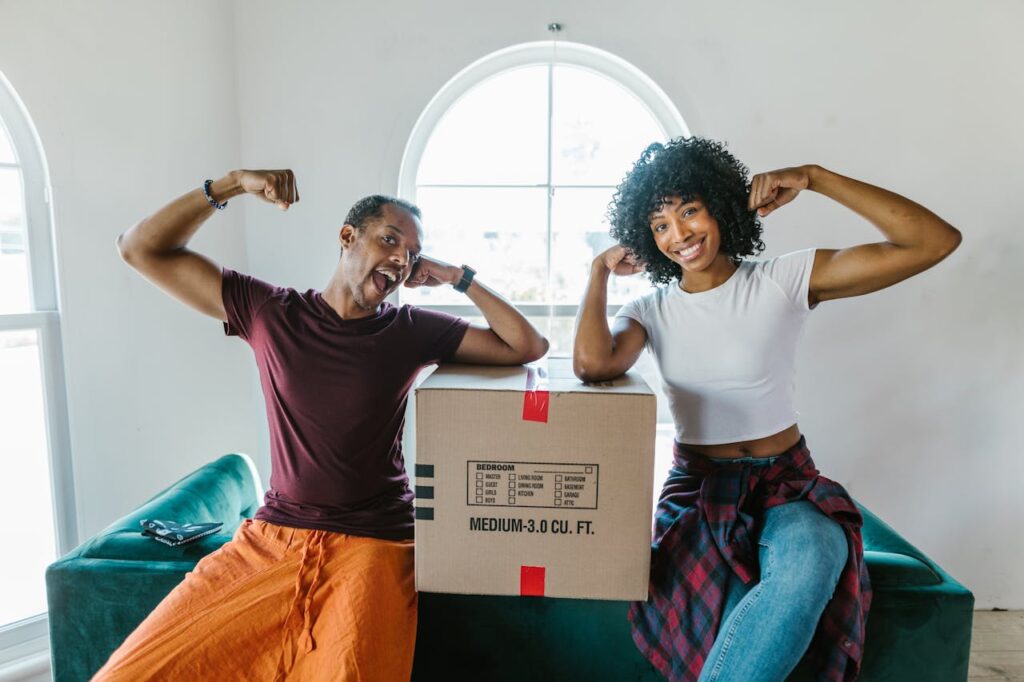 man and woman with a box between them