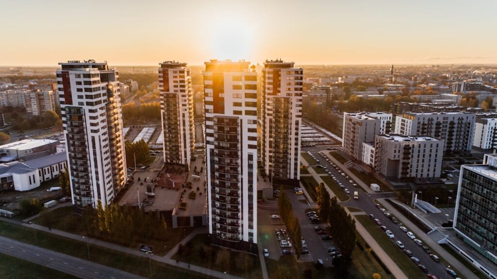 High Angle Photography of High-rise Buildings Near Road during Golden Hour
