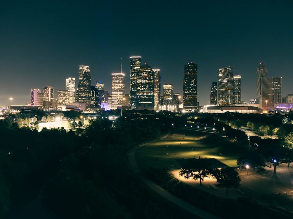 Park and Illuminated Buildings behind at Night