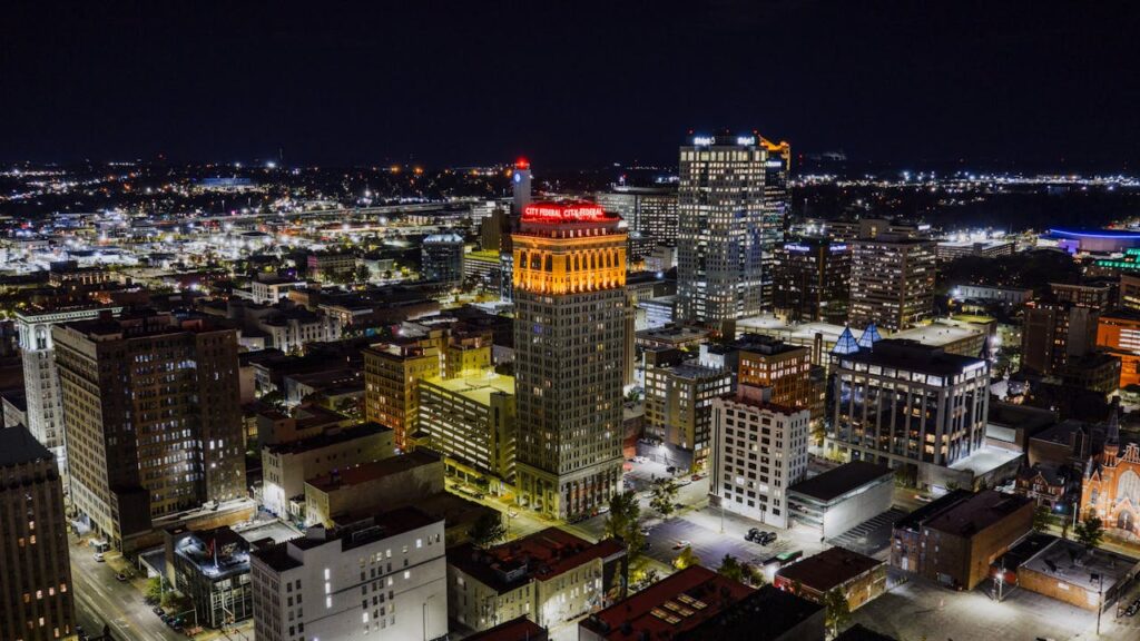Nighttime Aerial View of Birmingham, Alabama Skyline