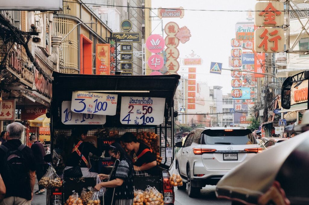 Bustling Street Market Scene in Bangkok, Thailand